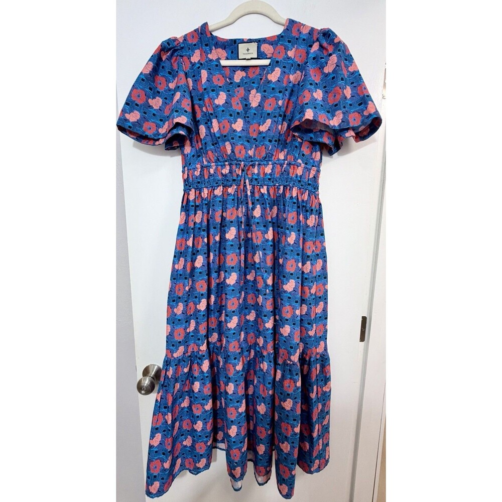 Tuckernut Mitchell Dress Retro Floral Blue Pink Flutter Sleeve Midi Small